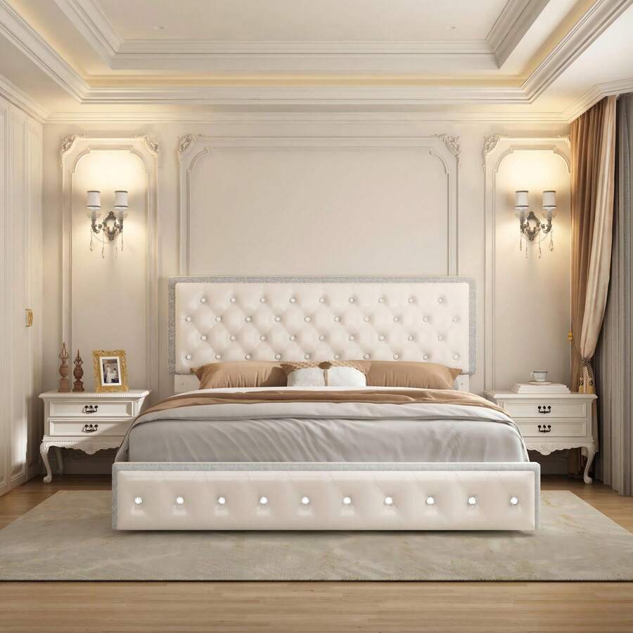 SIBEDS Queen Size Upholstered RGB LED Bed Frame With 2 Storage Drawers