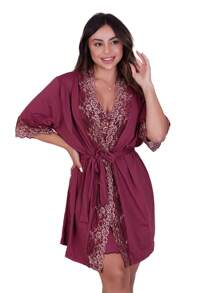 Biografia da Moda Sofia Bicolor Maternity Kit - Robe, Nightdress And Short Doll In Light Microfiber And Lace 3 Pieces - 紅木色 - 查看 4