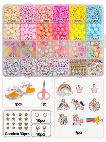 Kit de artizanat cu margele acrilice pentru copii, include unicorn, floare, coajă, fluture, acadea, lună, pandantiv inimă, mărgele de sticlă, jucării pentru bijuterii pentru fete, cadou de Crăciun - Multicolor - Vizualizare 15