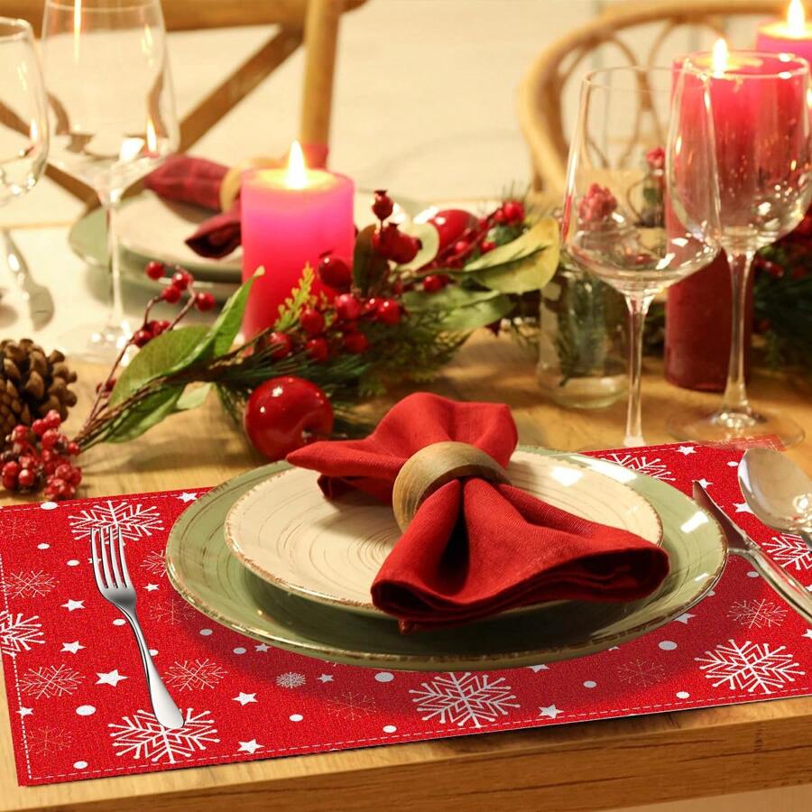 Christmas Placemats 1PC,4pcs,6PCS Set, 12X18" - Festive Polyester Table Mats For Holiday Dining & Kitchen Decor, Machine Washable - Multicolor - View 1