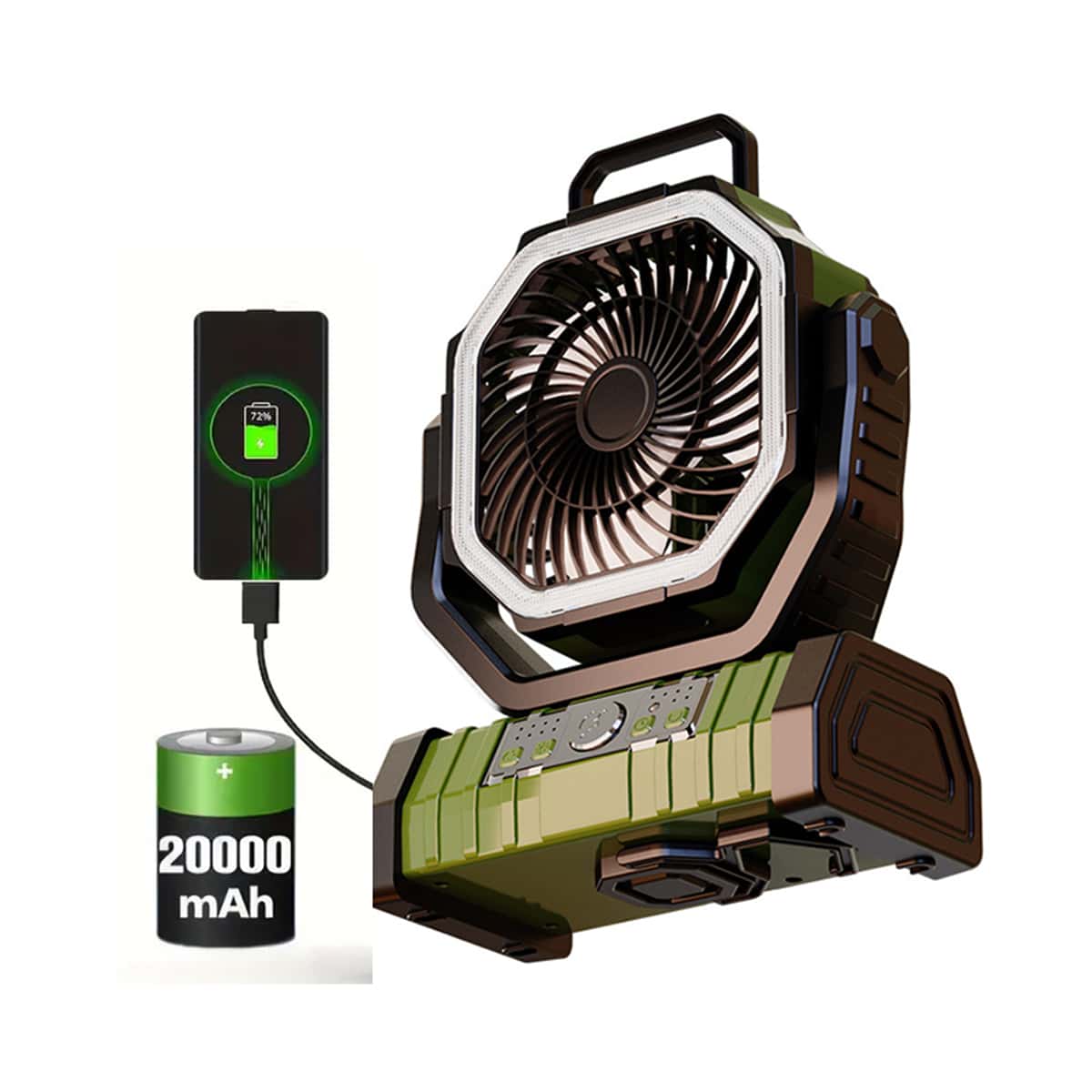 BDQ Camping Fan Battery Operated Powered Fan With LED Lantern Light 20000mAh Rechargeable Portable Fan, Oscillating Fan With 360° Rotation Hanging Hook For Tents, Cordless USB Desk Fan - 軍綠色 - 查看 1