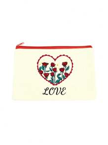 1pc Heart-Shaped Silkscreen Printed Personalized Cosmetic Pouch, Red Zipper, Customizable With Name, Holiday Phrases Or Other Info, Double-Sided Printing, Simple Yet Stylish Design