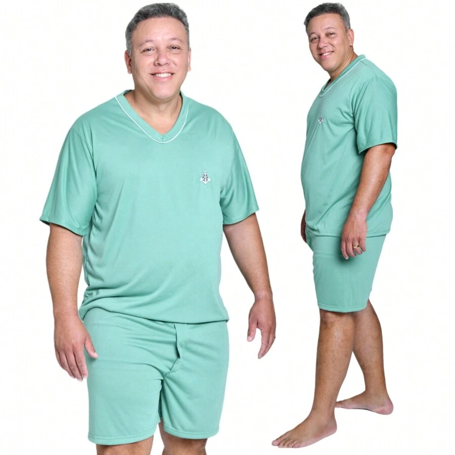 Men's Plus Size Short Summer Pajamas V-Neck Shirt And Shorts - 橄欖綠 - 查看 1