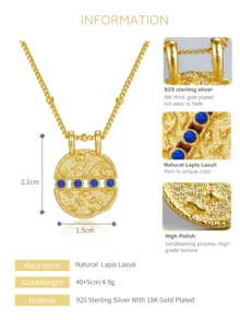 1 件时尚奢华 925 纯银 18K 镀金天然蓝色青金石空心圆形吊坠项链，手工制作，采用哑光纹理设计，持久防锈电镀，非常适合女性日常佩戴以及节日、生日或周年纪念日的送礼 - 寶藍色 - 查看 6