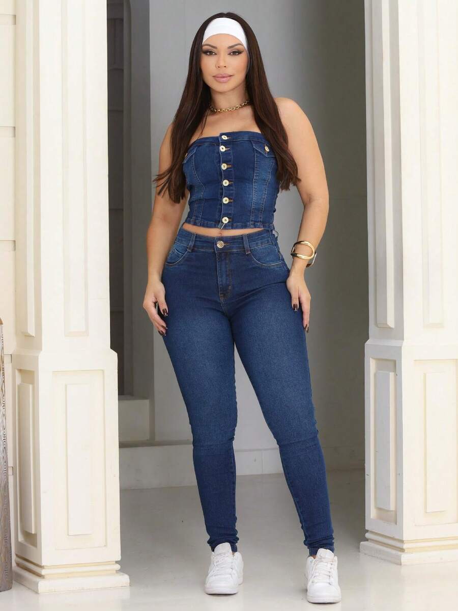 Women's Jeans High Waist Lifts Butt Comfortable And Elegant Modern Blogger Lisa - 中等水洗藍 - 查看 1
