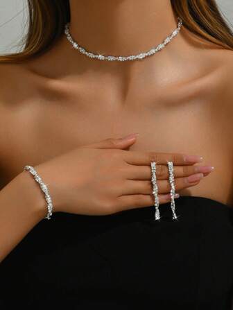 1 set kvinnors lyxiga diamant dubbade vridna design halsband, armband och örhängen set