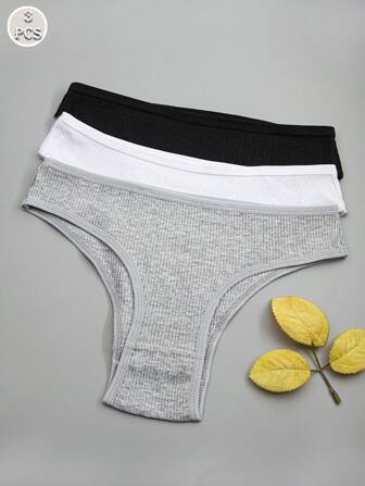 3 件装女式罗纹透气三角内裤（黑色、白色和灰色）