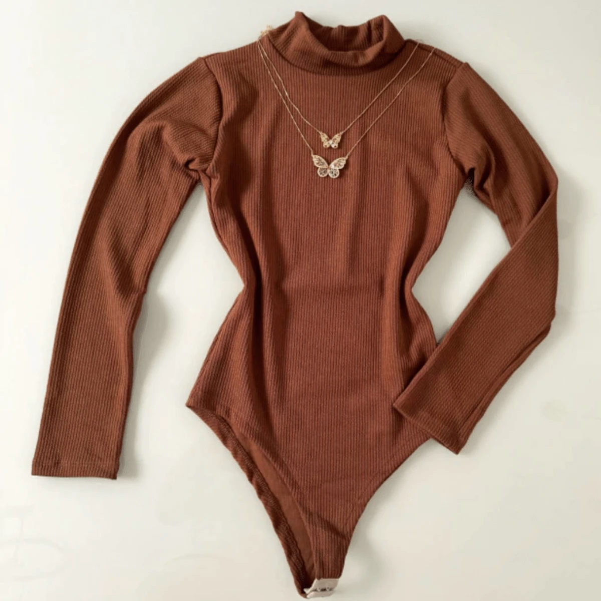 Basic Bodysuit With High Neck, Long Sleeve, Ribbed, Tight Fit - 鏽棕色 - 查看 1