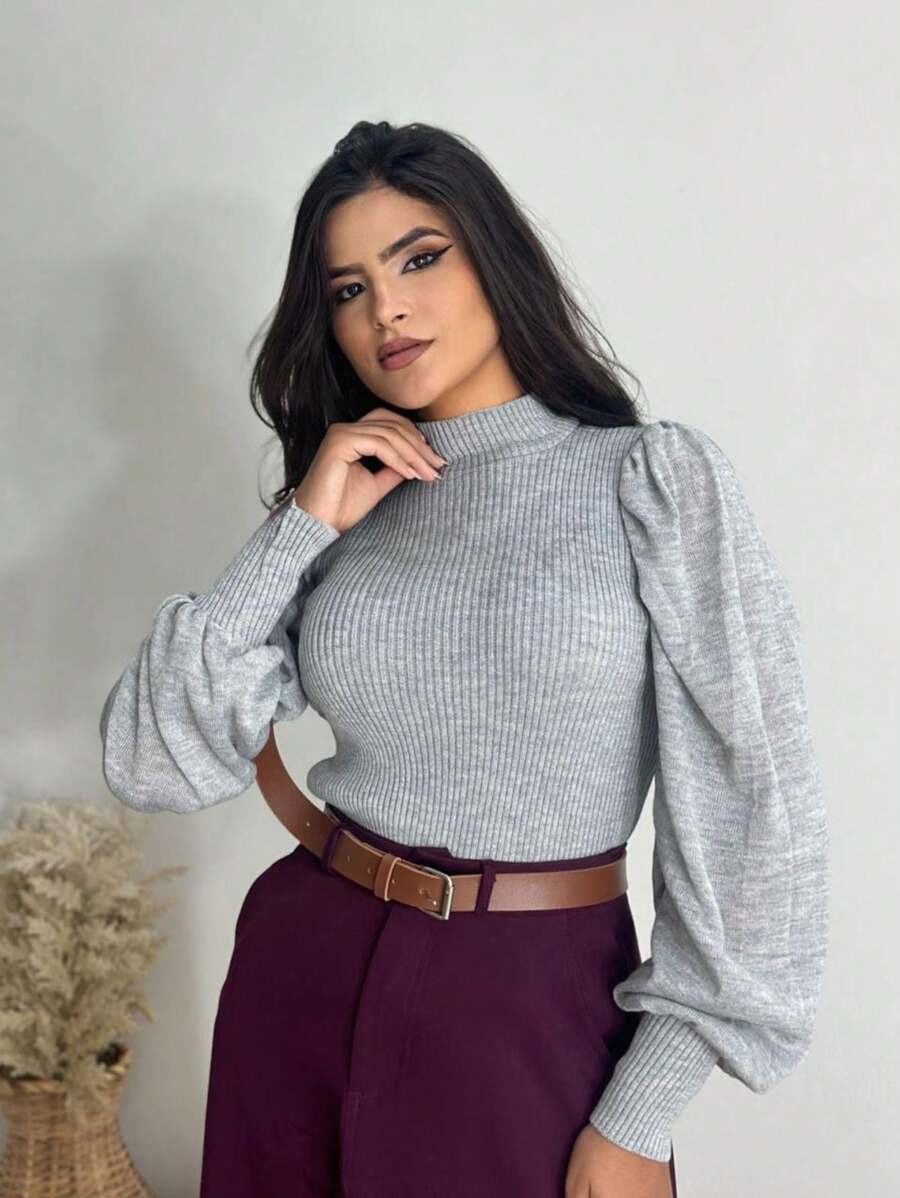 Women's Ribbed Knit Blouse Balloon Sleeve Puffed Fashion Daily Work Casual - Xám - Xem 1