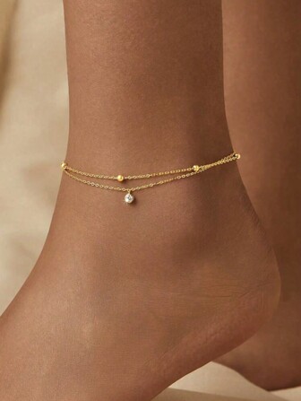 1pc Cubic Zirconia Pendant Anklet,  Stainless Steel 18K Gold Plated Double-Layered Anklet Exquisite & Fashionable Jewelry For Daily Wear, Beach And Vacation