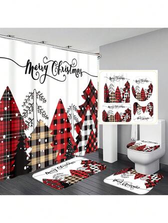 1pc/4pcs Christmas Tree Multifunctional Bathroom Decor Set, Including Waterproof Shower Curtain, 12 Hooks, Anti-Skid Mat, U-Shaped Floor Mat, Round Toilet Seat Cover, Suitable For All Bathroom Scenarios Fall Decor Bathroom Accessories Back To School