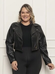 Plus Size Women's Leather/Synthetic Leather Jacket - Black - View 1