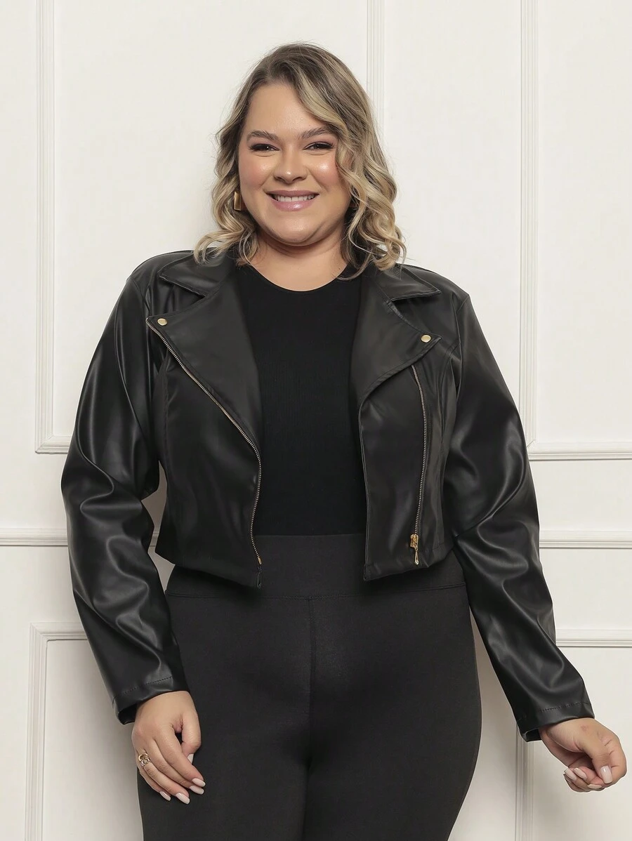 Plus Size Women's Leather/Synthetic Leather Jacket - Black - View 1