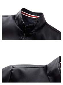 Men's Autumn/Winter Racing Jacket, PU Leather Stand Collar Contrast Color Leather Jacket, Thermal Lined Outerwear - Red - View 3