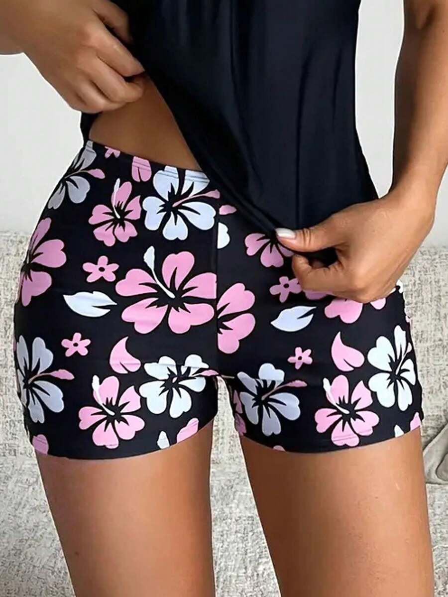 1pc Women Floral Print Boyshort Swimwear Bottoms - Black - View 1