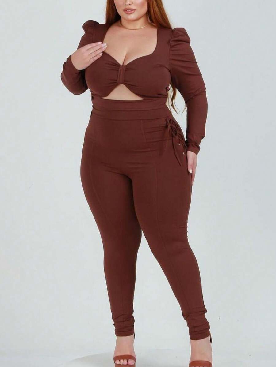 Plus Size Cropped And Pants Set - 鏽棕色 - 查看 1