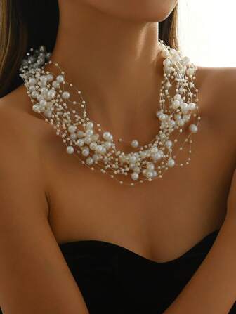 1pc Elegant Quality Star Pearl Necklace, Multi-Layer Beaded Chain Statement Necklace For Women, Formal Wedding Party Accessory Gift