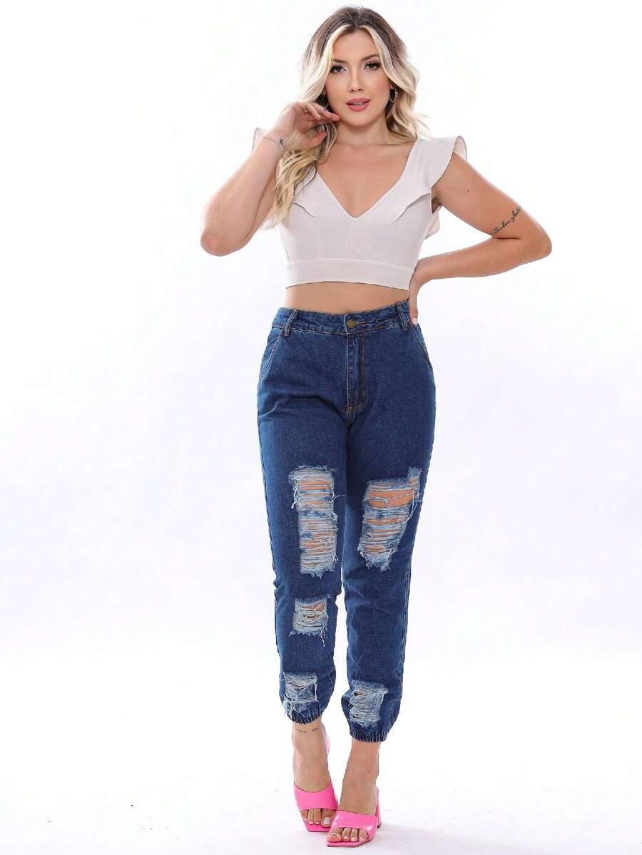 Women's Jeans Jogger Pants With Rips - Rửa tối - Xem 1