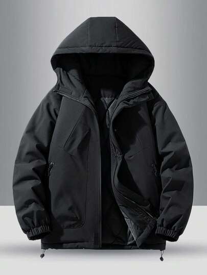 Men's Long Sleeve Winter New Outdoor Sports Fashion Simple Solid Color Versatile Two Side Zipper Pockets And Wind-Resistant Ribbed Cuffs Design Hooded Thick Warm Padded Coat, Warming