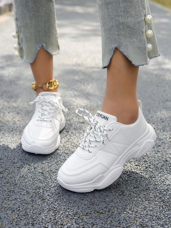 Women's White Platform Sneakers, Casual Sports Shoes, Thick Sole Style, Non-Slip, Leather Uppers, Student Shoes