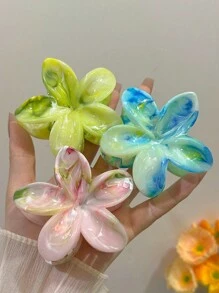3 件优雅蓝绿色大号 8 厘米/3.15 英寸花卉塑料发夹，时尚百搭，适合日常佩戴、休闲、派对、办公室 - 别致简约纯色发饰、花爪、发爪、爪夹、发夹 - 彩色 - 查看 1