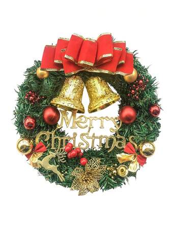 1PC Christmas Joy Wreath Hand-Made Wreath With Red Bow And Gold Bell, For Indoor/Outdoor Door Wall Window Home Christmas Decoration,Christmas Gift