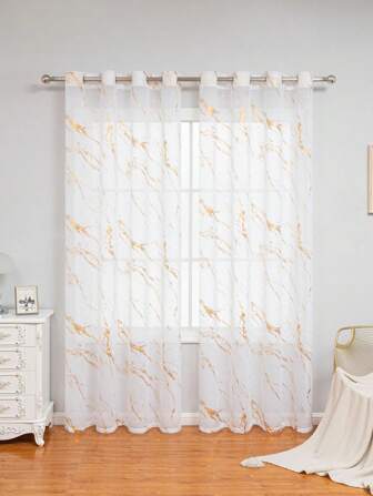 2pcs Set Faux Marble Sheer Curtains, Golden Foil Printed Metallic Copper Color, Abstract Golden Drop Privacy Window Treatment, For Bedroom & Living Room