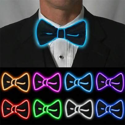 Corbata de moño con iluminación LED, adecuada para fiestas de carnaval nocturnas, bares, actuaciones de baile y otras ocasiones. La corbata de moño luminosa se puede usar para disfraces de baile de hombres, así como para fiestas de Navidad, carnaval, COS, bailes fosforescentes y otros eventos. La corbata de moño luminosa de Navidad también se puede regalar como un regalo de Halloween a novios o esposos.
