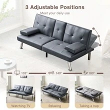 Convertible Sofa Bed Adjustable Couch Sleeper Modern Faux Leather Recliner Reversible Loveseat Folding Daybed Guest Bed, Removable Armrests, Cup Holders, 3 Angles, , Gray - 1 - View 6