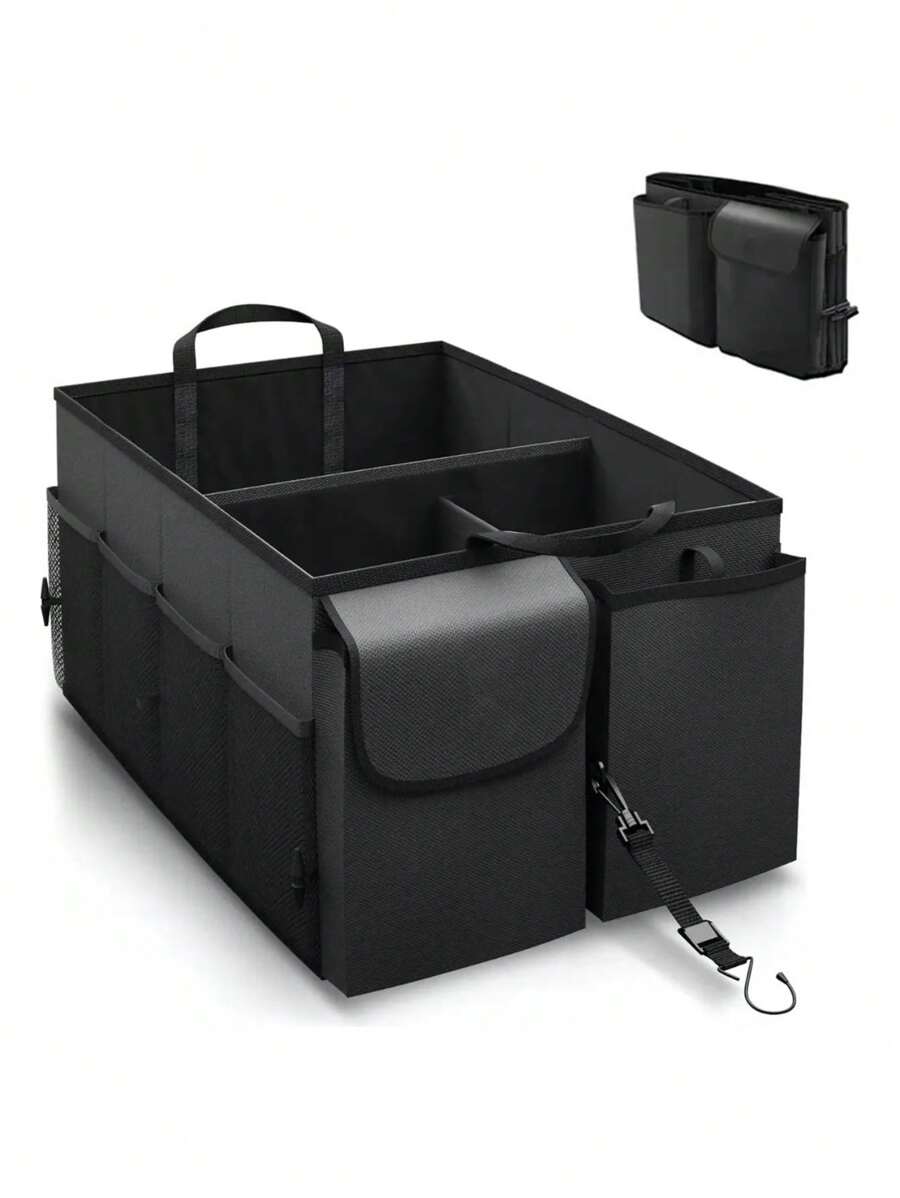 Organizador de Cajuela Auto Organizador para Cajuela de Auto Impermeable, Contenedor Plegable para Coche con Múltiples Compartimentos Exteriores e Interiores, Cuenta con Espacio para Botellas, Carro Interior Coche Accesorios, 58*43*27cm - Negro - Ver 1