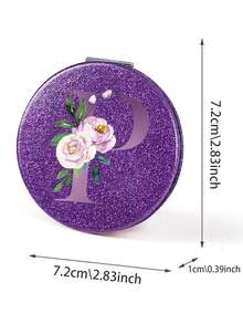 化妆镜带皮套 纯素 PU 镜子 圆形闪亮梳妆镜 可折叠手持 PU 化妆镜 双面旅行奢华美容镜 轻便化妆镜 首字母 A-Z 字母图案 - 紫色 - 查看 2