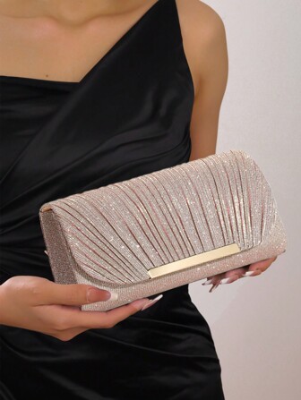 SIIZA Elegant Ruched Square Bag With Metal Decor Flap Bag Glamorous Glitter Evening Bag For Wedding For Banquet