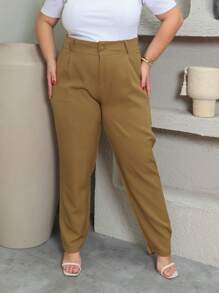 Women's Tailored Pants With Button Plus Size GG To G3 - marron claro - Ver 3