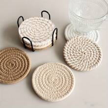 4pcs/8pcs Woven Drink Coasters, Round Absorbent Beverage Cup Mats, Handmade Fabric Coasters, Absorbent Coaster Set With Tray, Bohemian Style (Excluding Rack)
