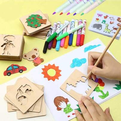 Christmas Decoration 20pcs Montessori Painting Wooden Animal Fruit Pattern Graffiti Fillers Painting County DIY Painting Template,Back To School