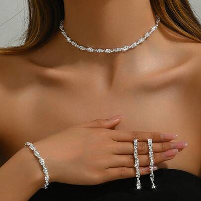 1 set Collana, bracciale e set di orecchini con gioielli di lusso da donna con design intrecciato e decorazione di diamanti