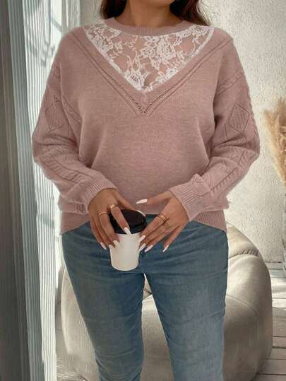 Suéter holgado de punto con cuello redondo, manga larga y efecto calado para mujer talla grande, para otoño e invierno