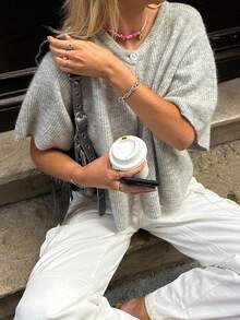 Women Casual Solid Color Short Sleeve Ribbed Open Front Knit Cardigan