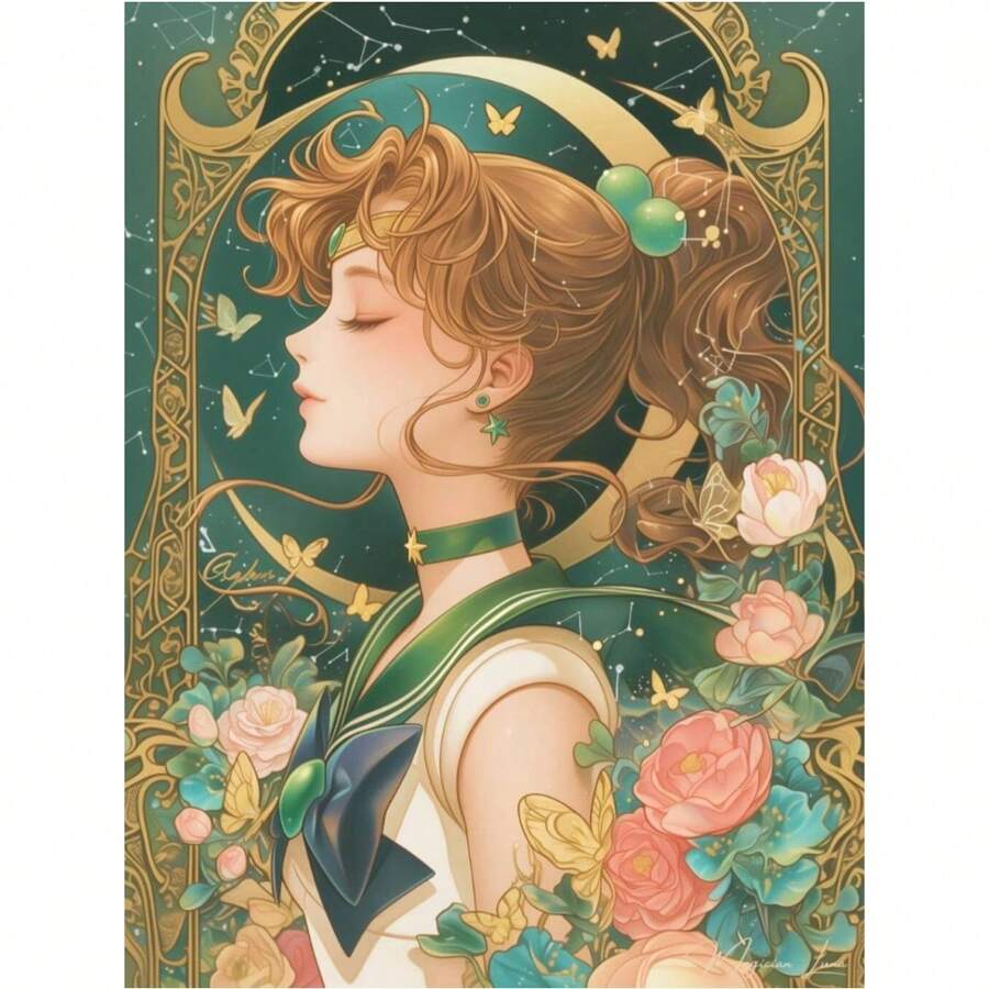 漂亮梦幻月亮女孩 5D DIY 钻石画马赛克花朵可爱蝴蝶饰品艺术十字绣套件刺绣家居装饰儿童万圣节礼物 2024 新品 - 黑色 - 查看 1