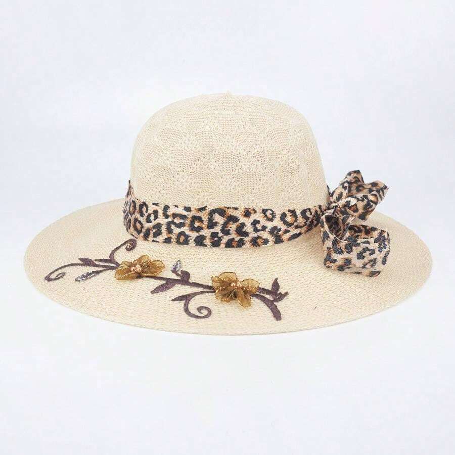 Women's Beach Hat Floppy Brim Bow Tie Summer Pool Leopard Bow With BorderAnimalBeachElegantVintageCuteCasualRibbonContrast BowAnimals - 米色 - 查看 1