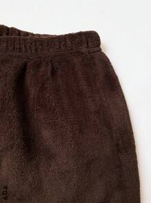 Conjunto de pijama, 2 piezas de tela afelpada, pantalón con resorte en la cintura - Café integral - Ver 5