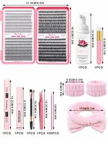 Bộ 10 sản phẩm nối mi tự làm Bộ 640 cụm mi Bộ mi cong 10D-40D C/D Bộ mi tự làm có keo dán và cố định mi, Dung dịch làm sạch mi 60ml, Nhíp, Cọ mi, Sách hướng dẫn nối mi tự làm tại nhà (4 kiểu kết hợp) - Hồng - Xem 2