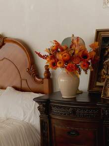 4pcs/Set 46cm Artificial Orange Maple Leaf & Pumpkin Branch, Suitable For Autumn, Halloween, Harvest Festival, Home Decor, Tabletop, Bedroom, DIY Plant Decor