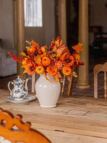 4pcs/Set 46cm Artificial Orange Maple Leaf & Pumpkin Branch, Suitable For Autumn, Halloween, Harvest Festival, Home Decor, Tabletop, Bedroom, DIY Plant Decor