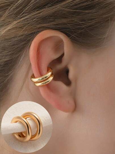 2 piezas Pendientes tipo clips de aro minimalistas y brillantes de aleación en forma de C, ligeros, chapados en oro/plata/negro mate, abiertos de doble círculo sin perforación, cómodos y suaves para mujeres y niñas