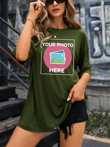 Customized Pattern Printing Women's Casual Loose Fit Crew Neck Short Sleeve T-Shirt - Army Green - View 7
