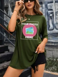 Customized Pattern Printing Women's Casual Loose Fit Crew Neck Short Sleeve T-Shirt - Army Green - View 6