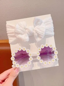 2/4pcs/Set New Girls Cute Solid Colors Bowknot Hairband Flower Frame Fashion Glasses Kids Hair Accessories Set,Card Only Show,Don't Shipping - Sunglasses+Headband - View 12
