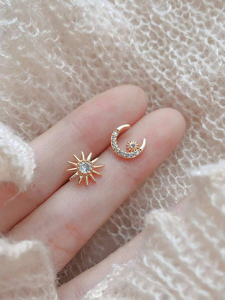 1 对不对称太阳和月亮设计女士时尚耳环 - 金色 - 查看 1