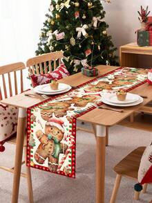 1 件圣诞主题桌旗，涤纶桌旗，圣诞老人、姜饼人和雪人设计，35x180 厘米，适用于圣诞派对家居餐桌装饰